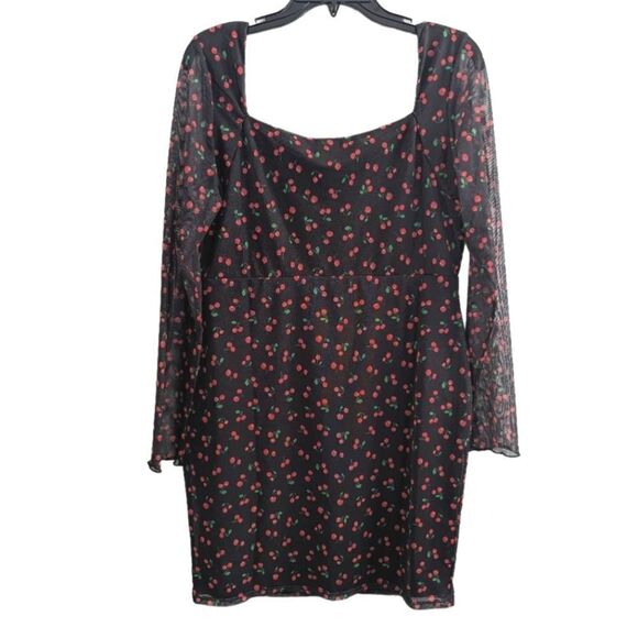 Asos Curve Black red cherry mesh overlay long sleeve square neck mini dress 12 - Picture 3 of 5